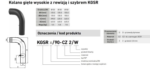 Kolano spalinowe gięte wysokie z szybrem i rewizją fi 120 DARCO