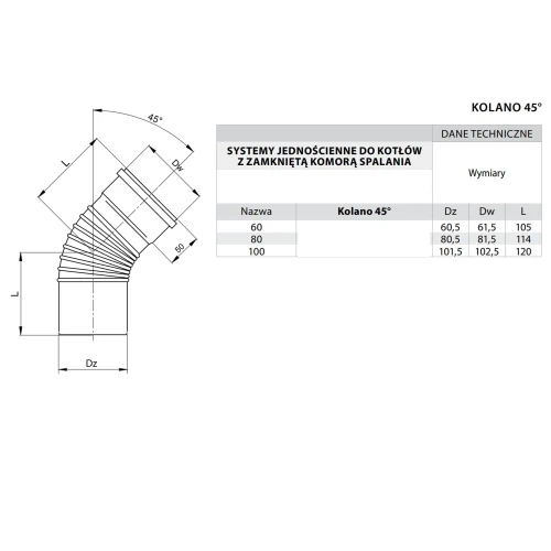 Kolano kominowe Turbo 45° fi 80 kwasoodporne