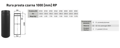 Rura spalinowa czarna Darco fi 130 1mb