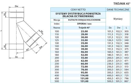 Trójnik wentylacyjny 45° fi 100 ocynkowany