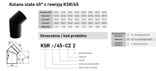Kolano stałe czarne z rewizją 45º fi 150 Darco 