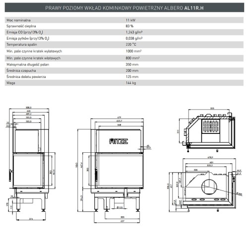  Wkład kominkowy Albero 11 kW Prawy Standard + szyba wewnętrzna gięta AL11R.H-BI