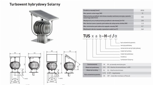 Turbowent hybrydowy Darco fi 150 z panelem fotowoltaicznym 0-15°