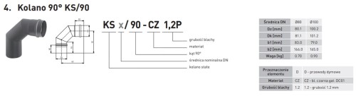 Kolano spalinowe stałe czarne 90º fi 100 Darco SPKP