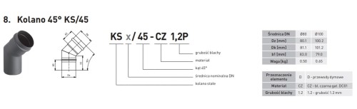 Kolano spalinowe stałe czarne 45º fi 100 Darco SPKP