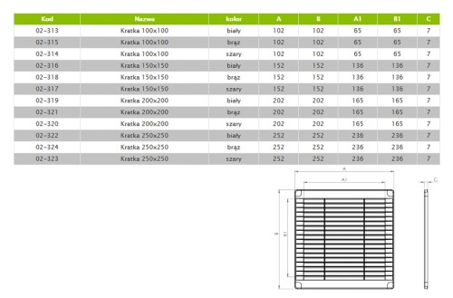 Kratka wentylacyjna z zaślepkami 10x10 szara skośna