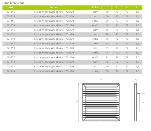Kratka wentylacyjna 17x17 fi 100 szara skośna