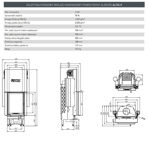 Wkład kominkowy Albero 9 kW Gilotyna Standard