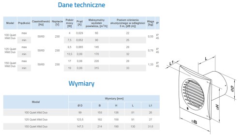 Wentylator łazienkowy Vents 100 Quiet Mild Duo Timer Higrostat