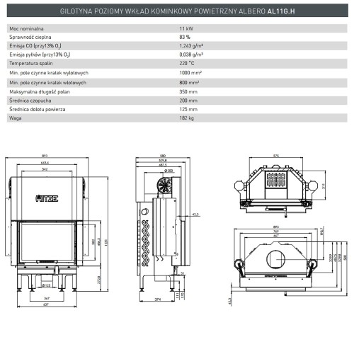 Wkład kominkowy Albero 11 kW Gilotyna Standard AL11G.H