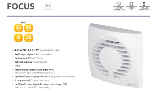 Wentylator łazienkowy Awenta Focus 100 Standard