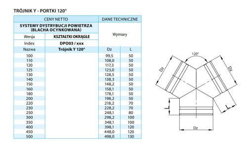 Trójnik wentylacyjny Y portki 120° fi 100 ocynkowany