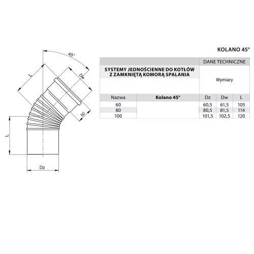 Kolano kominowe Turbo 45° fi 60 kwasoodporne