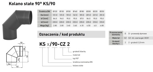 Kolano stałe czarne 90º fi 220 Darco 