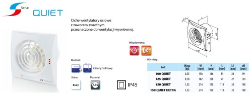 Wentylator łazienkowy Vents 100 Quiet Satin Timer