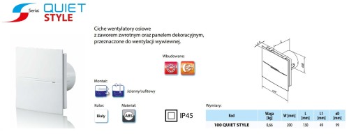 Wentylator łazienkowy Vents 100 Quiet-Style-A Timer