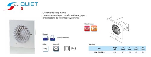 Wentylator łazienkowy Vents 100 Quiet-S  Standard