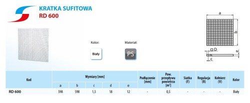 Kratka wentylacyjna sufitowa / Raster sufitowy 60x60 RD600