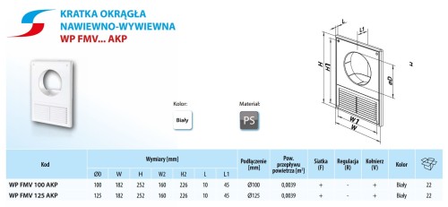 Kratka wentylacyjna okapowa AKP fi 125 biała