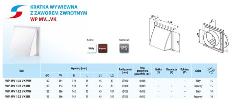 Kratka wywiewna z zaworem zwrotnym fi 125 brązowa WP