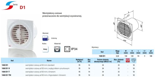 Wentylator łazienkowy Vents 100 D1 Timer