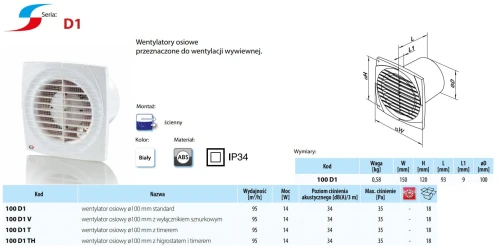 Wentylator łazienkowy Vents 100 D1 Timer Higrostat