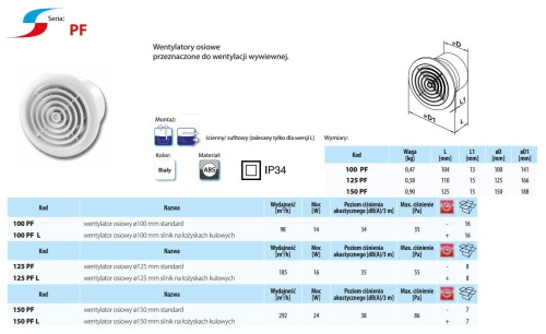 Wentylator łazienkowy Vents 125 PF Łożyska kulkowe