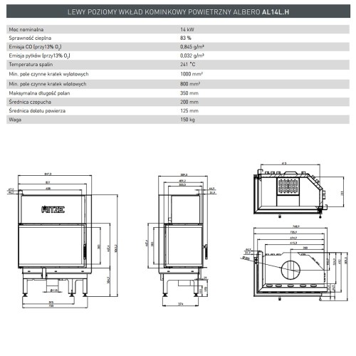 Wkład kominkowy Albero 14 kW Lewy Standard AL14L.H