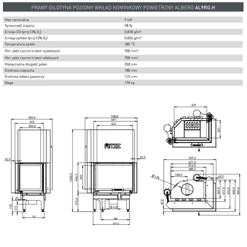 Wkład kominkowy Albero 9 kW Prawy Gilotyna szyba DECOR gięta
