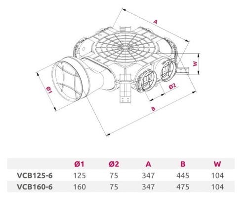 Skrzynka rozdzielcza z przyłączem bocznym fi 125 6x75 Awenta VCB125-6