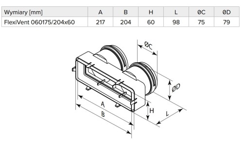 Łącznik kanałów 2 x fi 75 / 204x60 FlexiVent 060175/204x60