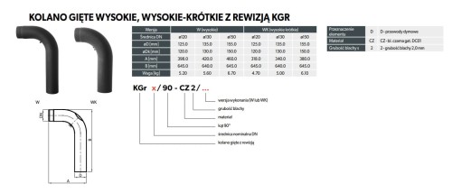 Kolano spalinowe gięte fi 120 wysokie / krótkie / z rewizją Darco SPK