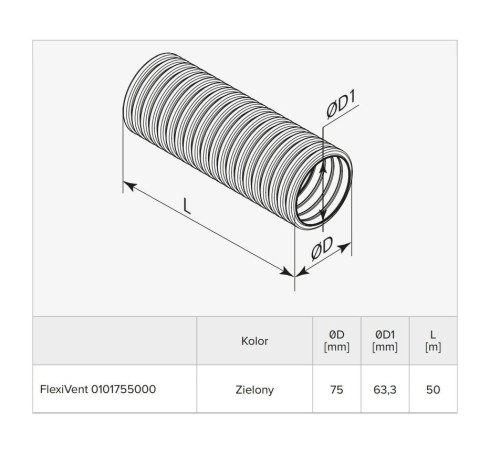 Przewód elastyczny do rekuperacji Flexivent fi 75 5x50 mb antybakteryjna FlexiVent/0101755000