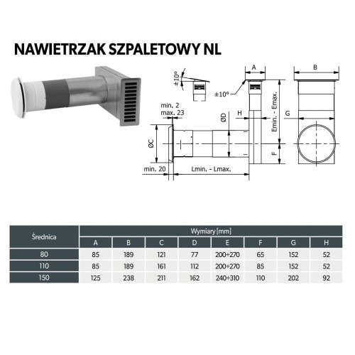 Nawietrzak szpaletowy z grzałką, anemostatem i filtrem DARCO NLG110A-ML