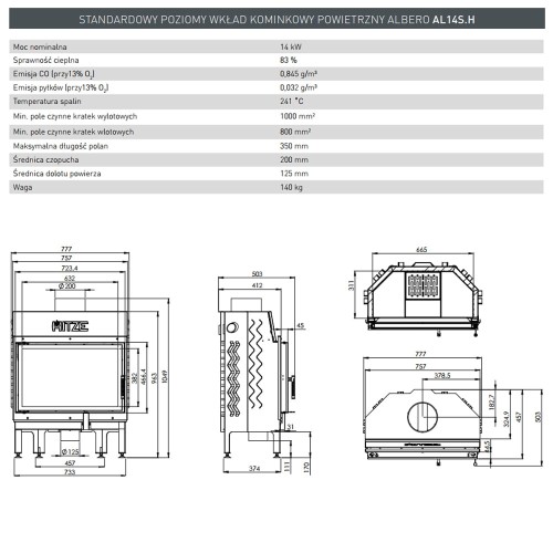 Wkład kominkowy Albero 14 kW szyba DECOR + wewnętrzna AL14S.H-DI