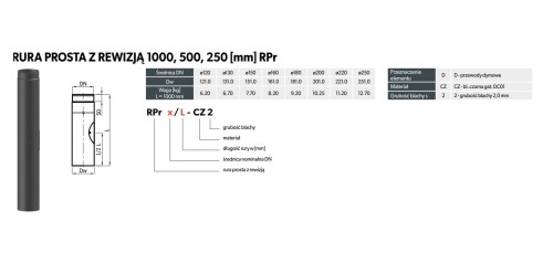 Rura spalinowa czarna z rewizją fi 220 1mb Darco SPK