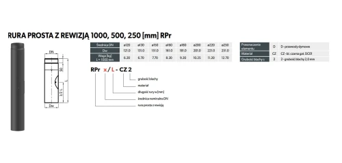 Rura spalinowa czarna z rewizją fi 220 0,5mb Darco SPK