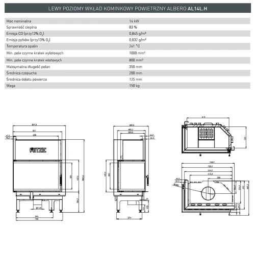 Wkład kominkowy Albero 14 kW Lewy Standard + szyba wewnętrzna gięta AL14L.H-BI