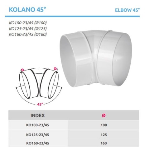 Kolano do kanałów wentylacyjnych okrągłych 45 st. fi 160 ABS Awenta KO160-23/45