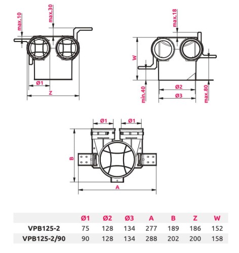 Skrzynka rozprężna do rekuperacji fi 125 2x75 Awenta VPB125-2
