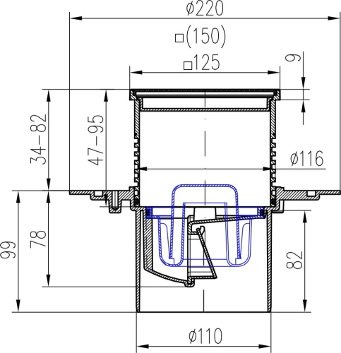 Wpust podłogowy dolny fi 110 z kratka nierdzewną 12x12 Chudej 323 A