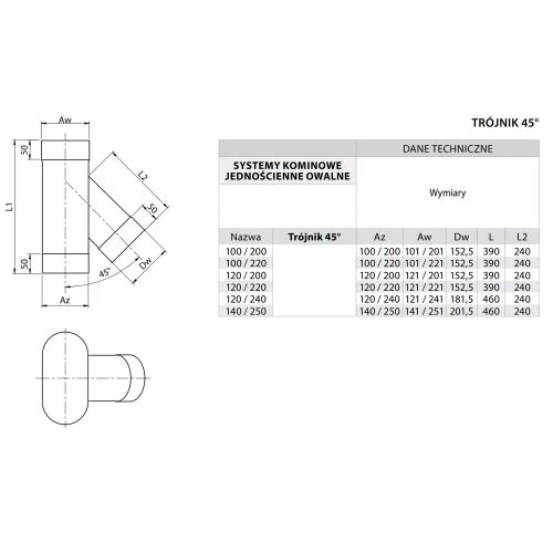 Trójnik kominowy owalny 45° 100/220 żaroodporny