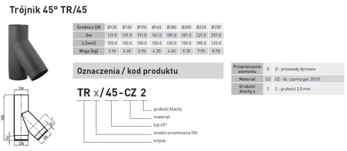 Trójnik spalinowy czarny 45° fi 180 Darco