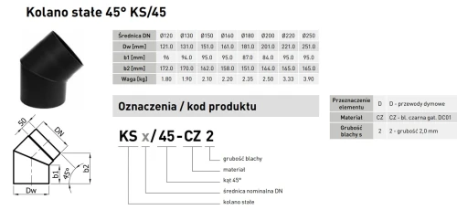 Kolano stałe czarne 45º fi 200 Darco