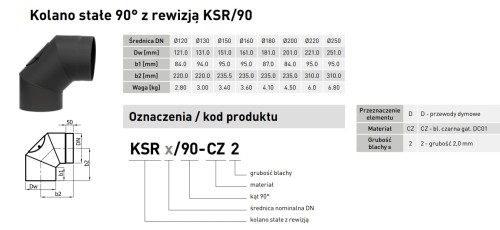 Kolano stałe czarne z rewizją 90º fi 180 Darco 