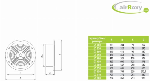 Wentylator osiowy ścienny airRoxy aRos fi 400
