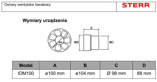 Wentylator kanałowy Sterr IDM 100 Standard