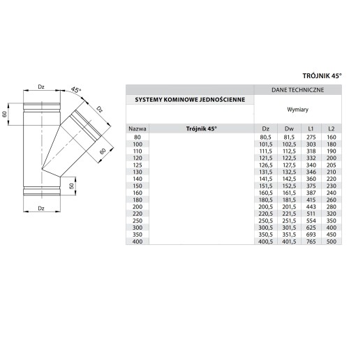 Trójnik jednościenny 45° kwasoodporny fi 160