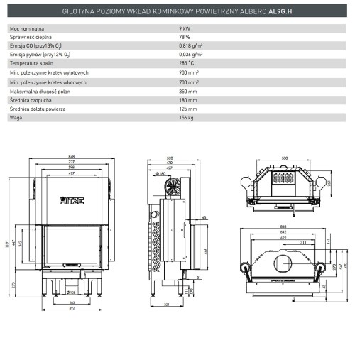 Wkład kominkowy Albero 9 kW Gilotyna Standard