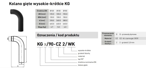 Kolano spalinowe gięte wysokie-krótkie fi 130 DARCO 